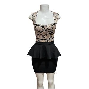 Bloom Mini Dress Black Gold Lace Peplum Clubwear Party Y2K VTG Indie Sleeze Goth